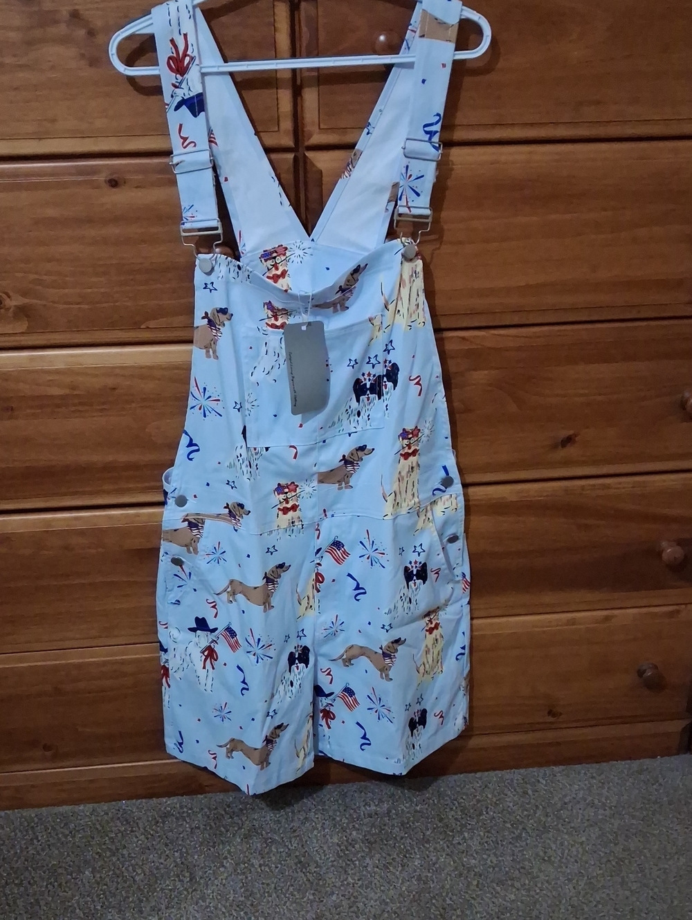 Woman's  Multi Colored  Dog Print Short Overalls Sz Large